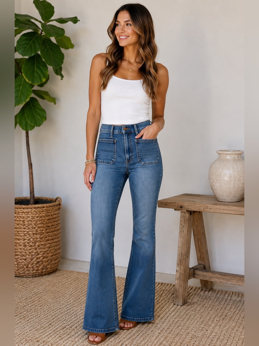 GAP High Rise ’70s Flare Jeans Medium Wash Front Patch Pockets 29 Long
